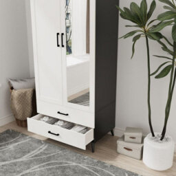 Urbn-Living Urbnliving 180Cm Height Black Wardrobe With Mirror White 2 Door 2 Drawer Bedroom Clothes Storage Hanging Rail - thumbnail 4