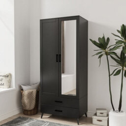 Urbn-Living Urbnliving 180Cm Height Black Wardrobe With Mirror White 2 Door 2 Drawer Bedroom Clothes Storage Hanging Rail - thumbnail 1