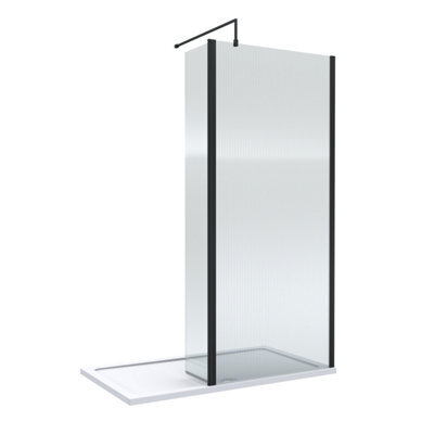 Balterley 8mm Fluted Glass Walk In Wetroom Screen And Hinged Return With Black Profile And Shower Tray - 1400 X 800mm - image 1