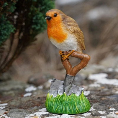 Resin Robin On Spade Statue Home Garden British Bird Sculpture Outdoor Ornament - image 1