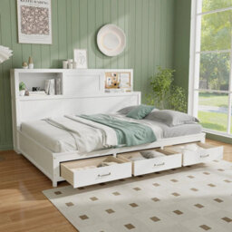 Double Size Daybed Wooden Sofa Bed Frame W/ Storage Shelves & 3 Drawers - thumbnail 4