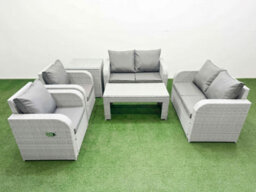 Fimous 6 Seater Outdoor Reclining Chair Love Sofa Set Rattan Garden Furniture Set Oblong Coffee Table Side Table Light Grey - thumbnail 1