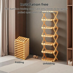7 Tier Natural Bamboo Folding Shoe Rack Vertical Freestanding Storage - thumbnail 2
