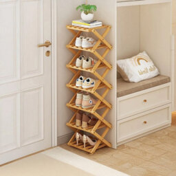 7 Tier Natural Bamboo Folding Shoe Rack Vertical Freestanding Storage - thumbnail 1