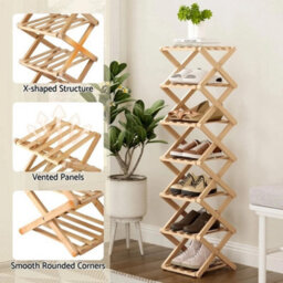 7 Tier Natural Bamboo Folding Shoe Rack Vertical Freestanding Storage - thumbnail 3