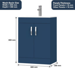 Belofay 600mm Bathroom Vanity Unit With Basin, White Ceramic Bathroom Sink With Trap And Waste, No Tap Included(New York Blue) - thumbnail 3