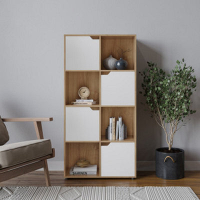 Urbn-Living Urbnliving 119Cm Height 8 Cubes Oak Wooden Bookcase Shelving Display Shelf White Door Storage Unit - image 1