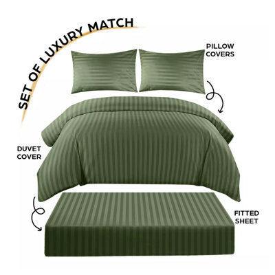Ameha Olive Green Striped Microfibre Bedding Set King, Reversible & Breathable Duvet Cover, Fitted Sheet & Pillowcases - image 1