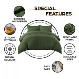 Ameha Olive Green Striped Microfibre Bedding Set King, Reversible & Breathable Duvet Cover, Fitted Sheet & Pillowcases - thumbnail 8