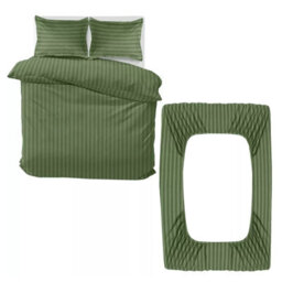 Ameha Olive Green Striped Microfibre Bedding Set King, Reversible & Breathable Duvet Cover, Fitted Sheet & Pillowcases - thumbnail 2