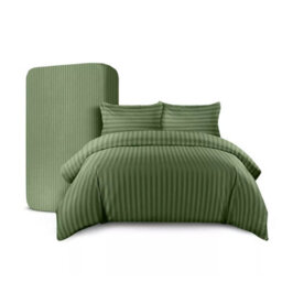 Ameha Olive Green Striped Microfibre Bedding Set King, Reversible & Breathable Duvet Cover, Fitted Sheet & Pillowcases - thumbnail 3