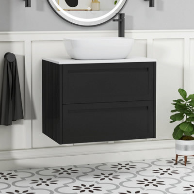 Royal Bathrooms Royal Bathroom Elmore 700mm Matt Nocturne Black Wall Mounted Bathroom Vanity Unit 2 Drawer Plain White Worktop With Elva Basin - image 1