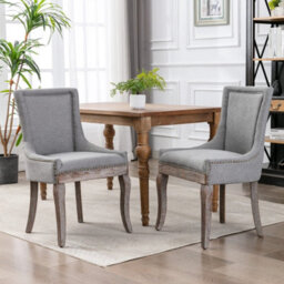 HomeTouch Set Of 2 Luxe Upholstered Dining Chairs, Plush Comfort Kitchen Chairs With Vintage Nailhead Trim & Premium Oak Wood Legs Grey
