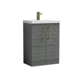 Balterley Bramshall Contemporary Bathroom Floor Standing 2-Door Vanity Unit & Mid-Edge Basin, Anthracite Woodgrain, 600mm - thumbnail 1