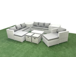 Fimous 10 Pieces Rattan Garden Furniture Set Outdoor Garden Sofa Chair Coffee Table Set 2 Side Tables 4 Stool Light Grey - thumbnail 1