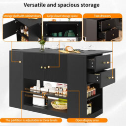 Btm Modern Kitchen Island, Sideboard, Kitchen Cabinet With Drawers And Shelves, Sideboard For Kitchen And  Dining Room, Black - thumbnail 6