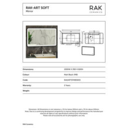 RAK Ceramics Rak Art Soft 1000X600mm Matt Black Rectangular Illuminated Bathroom Mirror With Touch Sensor & Demister Pad, Ip44 - thumbnail 2