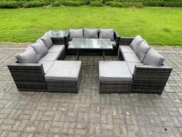 Fimous 11 Seater Rattan Outdoor Furniture Lounge Sofa Garden Dining Set With Dining Table Side Table Footstools - thumbnail 2