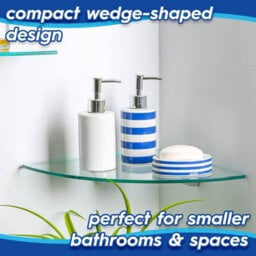 Harbour Housewares 3X Floating Glass Corner Shelves - 30Cm - Gold Brackets - Bathroom Shower Storage Vanity Display Unit Shelf - thumbnail 3