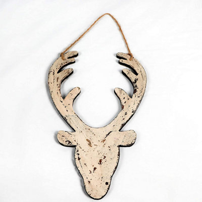 Shatchi 26Cm Cream Christmas Wooden Hanging Deer Head Wall Decoration Xmas Home Office Holiday Decorative Centrepiece - image 1