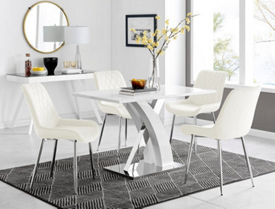 Furniturebox Atlanta White High Gloss And Chrome 4 Seater Dining Table With Statement X Shaped Legs And 4 Cream Velvet Pesaro Chairs - image 1