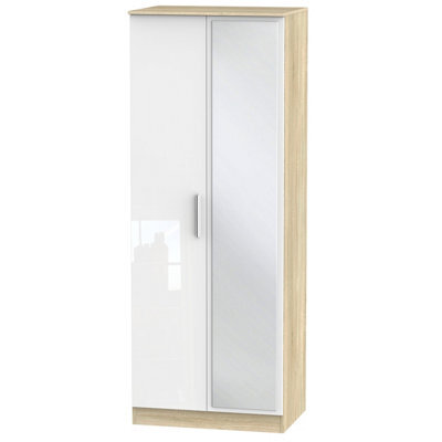 Trent Tall Mirrored Wardrobe In White Gloss & Bardolino Oak (Ready Assembled)