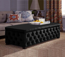 90Cm Empire Ottoman Storage Box With Wooden Legs, Black Velvet Upholstered Chesterfield Footstool Storage Ottoman Box