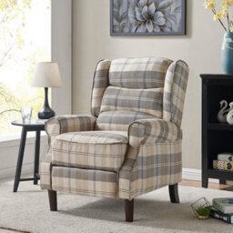 Home Detail Nairn Beige Tartan Recliner Chair High Backrest Winged Scroll Armrests Wooden Feet Manual Recline Footrest