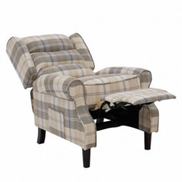 Home Detail Nairn Beige Tartan Recliner Chair High Backrest Winged Scroll Armrests Wooden Feet Manual Recline Footrest - thumbnail 3