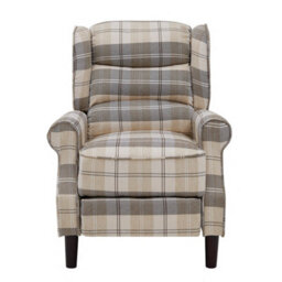 Home Detail Nairn Beige Tartan Recliner Chair High Backrest Winged Scroll Armrests Wooden Feet Manual Recline Footrest - thumbnail 2