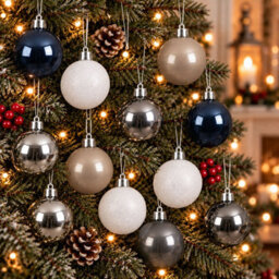 Decoris Pack Of 30 Christmas Tree Baubles Shatterproof White Silver Blue - thumbnail 1