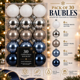 Decoris Pack Of 30 Christmas Tree Baubles Shatterproof White Silver Blue - thumbnail 4