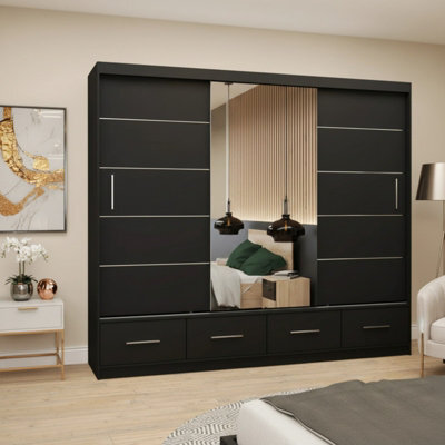 Florence 250 Sliding Wardrobe With Full Length Mirror Modern Freestanding Wardrobe For Home Black With Mirror - image 1