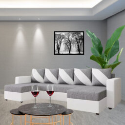 Astana U Shaped Corner Sofa Bed Storage Compartment Pull Out Sleep Function Bonell Springs White Grey