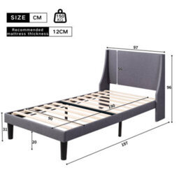 Btm Single Bed 3Ft Soft Linen Grey Upholstered, Winged Headboard, Wood Slat Support - thumbnail 2