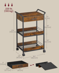 Songmics Vasagle Mobile Cart, 3-Tier Storage Solution With Drawer And Mesh Organizer For Multi-Room Use, Rustic Brown And Ink Black - thumbnail 2
