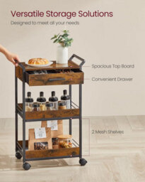 Songmics Vasagle Mobile Cart, 3-Tier Storage Solution With Drawer And Mesh Organizer For Multi-Room Use, Rustic Brown And Ink Black - thumbnail 5