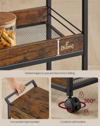 Songmics Vasagle Mobile Cart, 3-Tier Storage Solution With Drawer And Mesh Organizer For Multi-Room Use, Rustic Brown And Ink Black - thumbnail 6
