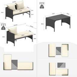 Onemill 3 Pieces Outdoor Furniture Set With Two-Seater Sofa, Table & Cushion, Conversation Set For Garden, Backyard (Black) - thumbnail 6