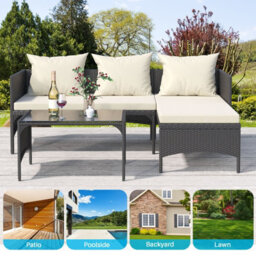 Onemill 3 Pieces Outdoor Furniture Set With Two-Seater Sofa, Table & Cushion, Conversation Set For Garden, Backyard (Black) - thumbnail 7