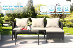 Onemill 3 Pieces Outdoor Furniture Set With Two-Seater Sofa, Table & Cushion, Conversation Set For Garden, Backyard (Black) - thumbnail 9