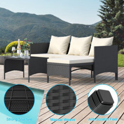 Onemill 3 Pieces Outdoor Furniture Set With Two-Seater Sofa, Table & Cushion, Conversation Set For Garden, Backyard (Black) - thumbnail 4