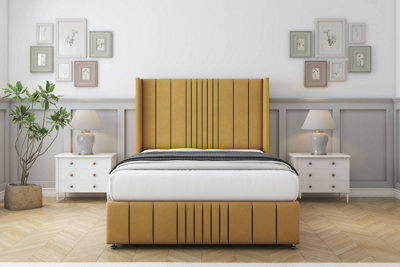 "Comfort Grace Mustard Plush Divan Bed Set No Drawers - 54"" Wingback & 12"" Footboard 2'6 Small Single" - image 1