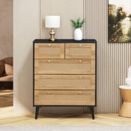 Manila Black & Pvc Rattan Chest Of 3+2 Drawers Bedroom Storage Furniture