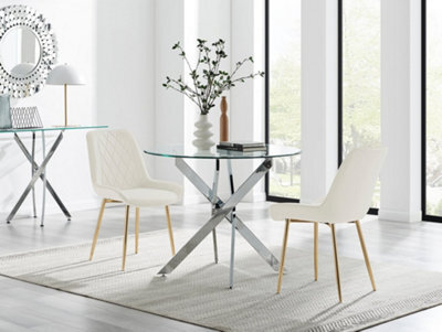 Furniturebox Uk Novara 100Cm Round  Dining Table And 2 Cream Pesaro Gold Leg Chairs - image 1
