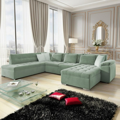 Niko Bis Fold Out U Shape Corner Sofa Chipboard Frame With Storage Bed 350X205X76 Cm Light Green Right - image 1