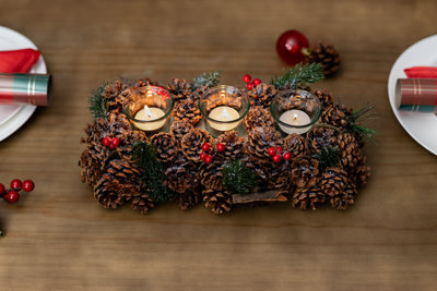 Christmas Candle Holder Tea Light Glass Votive Pine Cone Home Decor Berries Xmas - image 1