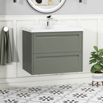 Royal Bathrooms Elmore 700mm Wall Hung 2 Drawer Cabinet Bathroom Vanity Unit With Traditional Ceramic Basin Sink - Matt Green - image 1