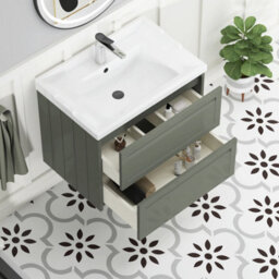 Royal Bathrooms Elmore 700mm Wall Hung 2 Drawer Cabinet Bathroom Vanity Unit With Traditional Ceramic Basin Sink - Matt Green - thumbnail 5