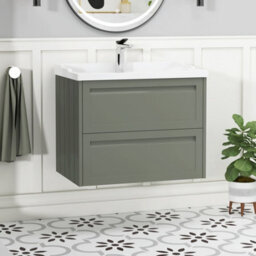 Royal Bathrooms Elmore 700mm Wall Hung 2 Drawer Cabinet Bathroom Vanity Unit With Traditional Ceramic Basin Sink - Matt Green